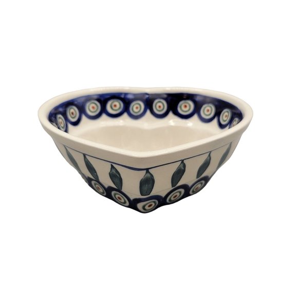 Polish Bolesawiec Pottery Peacock Pattern Heart Shaped Bowl Folk Art Blue - Picture 2 of 7